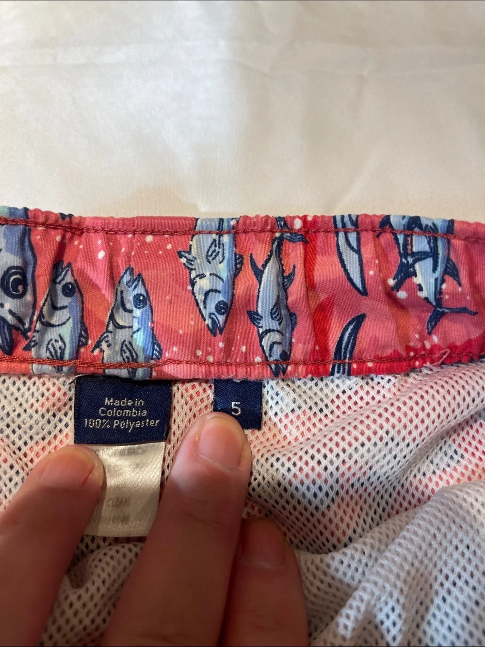 Vineyard Vines Kids Swim Trunks - Coral with Light Blue Fish Print